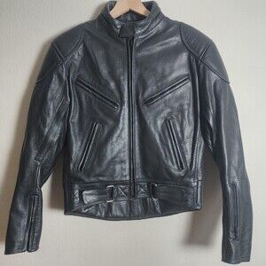 Phoenix Jacket Mens 40 Black Leather Motorcycle Vented Zip Pockets Belted
